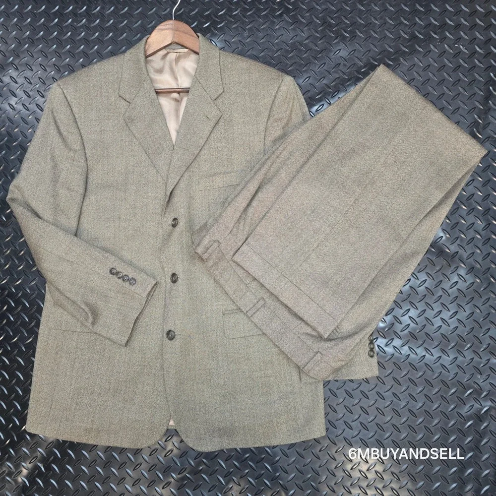 Stafford Mens 2 Piece Suit 42R 36W Tan Brown 100% Wool 3Button Tweed Blazer Pant